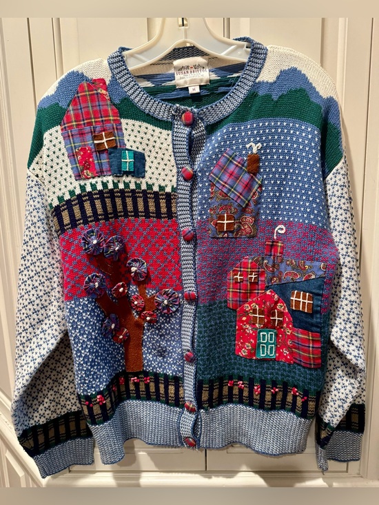 Susan Bristol Sweaters - Women’s Susan Bristol Cotton Blend Patchwork Cardigan Sweater- Size MED